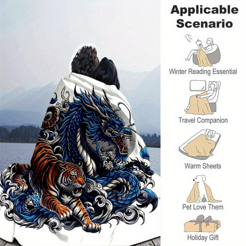 1 szt. Koc Niebieski Smok vs Tygrys Miękki koc do dekoracji pokoju, Idealny prezent, Salon, Podróż, Kemping, Kocy do samochodu