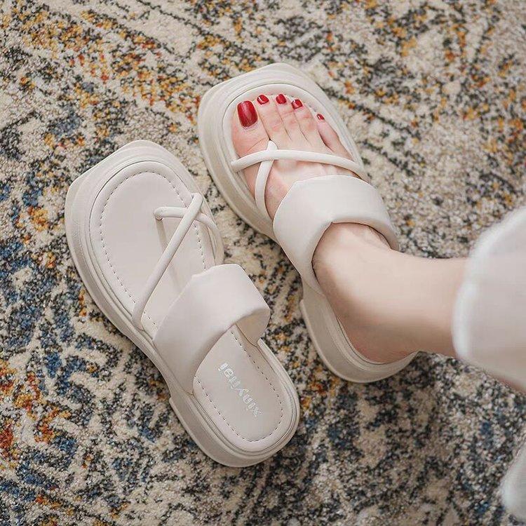 

[Green super white] One-pedal sandals women s summer 2025 new thick-soled square toe wearing flip-flops 35