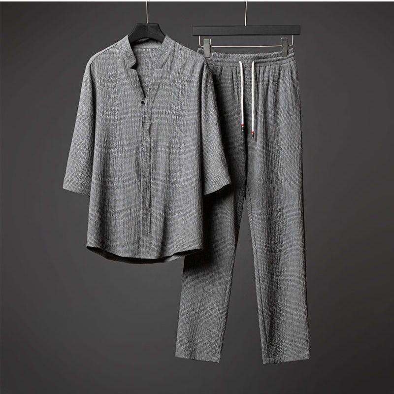 Spring and Autumn Casual Sports Suit Men's Striped Pleated Stand-up Collar Men's Shirt Two-piece Suit