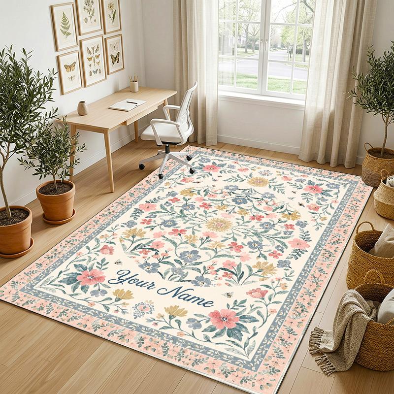 Floral Elegance Theme Soft Crystal Velvet Rug Custom Name & Text Print Non Slip Floor Rug for Bedroom Living Room