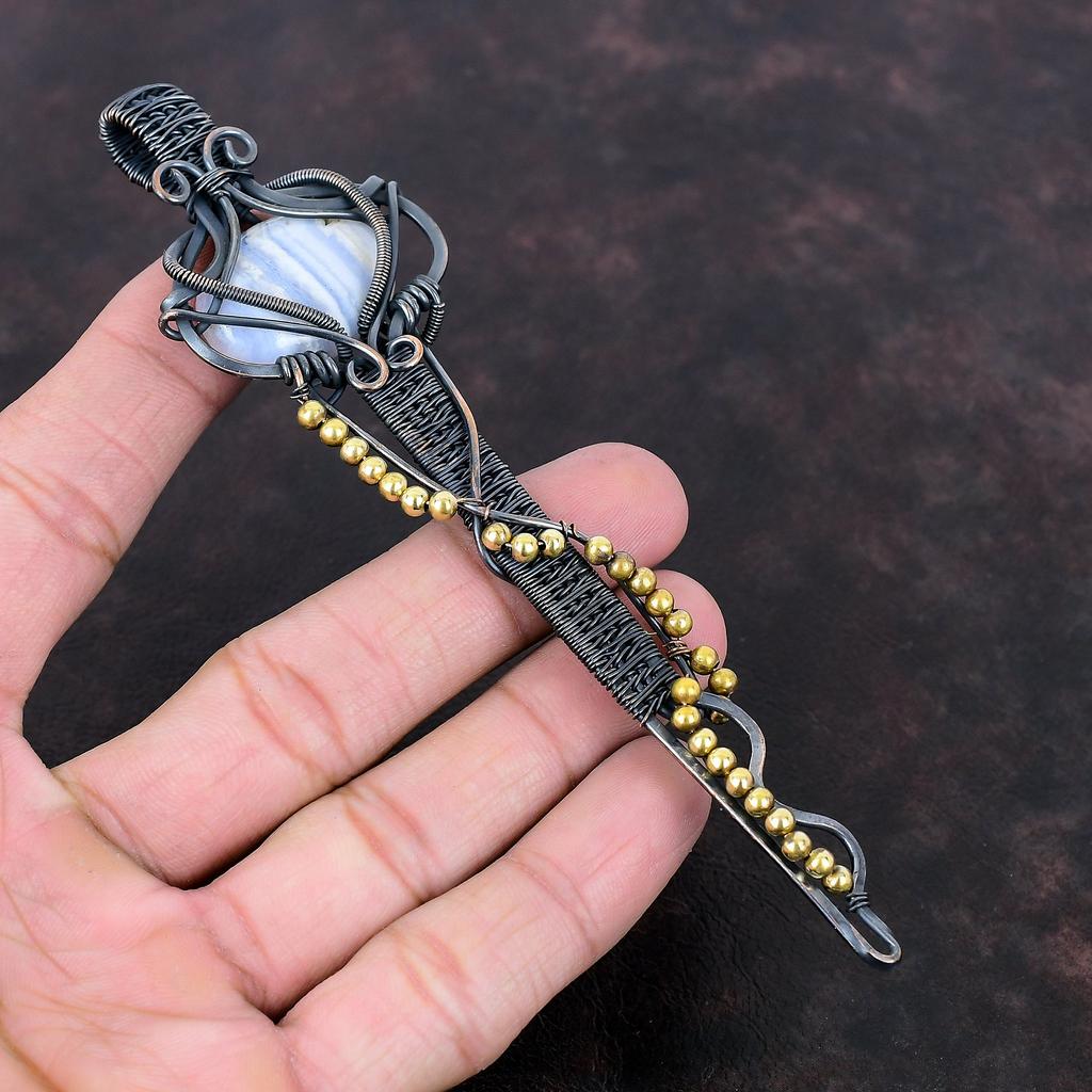 Blå blonder agat anheng Gemstone anheng kobbertråd innpakket anheng Håndlaget anheng kobbertråd nøkkel smykker gave til ham Designer anheng