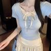 Threaded lace fake two-piece short-sleeved T-shirt women's summer new Korean version slim-fit design T-shirt top