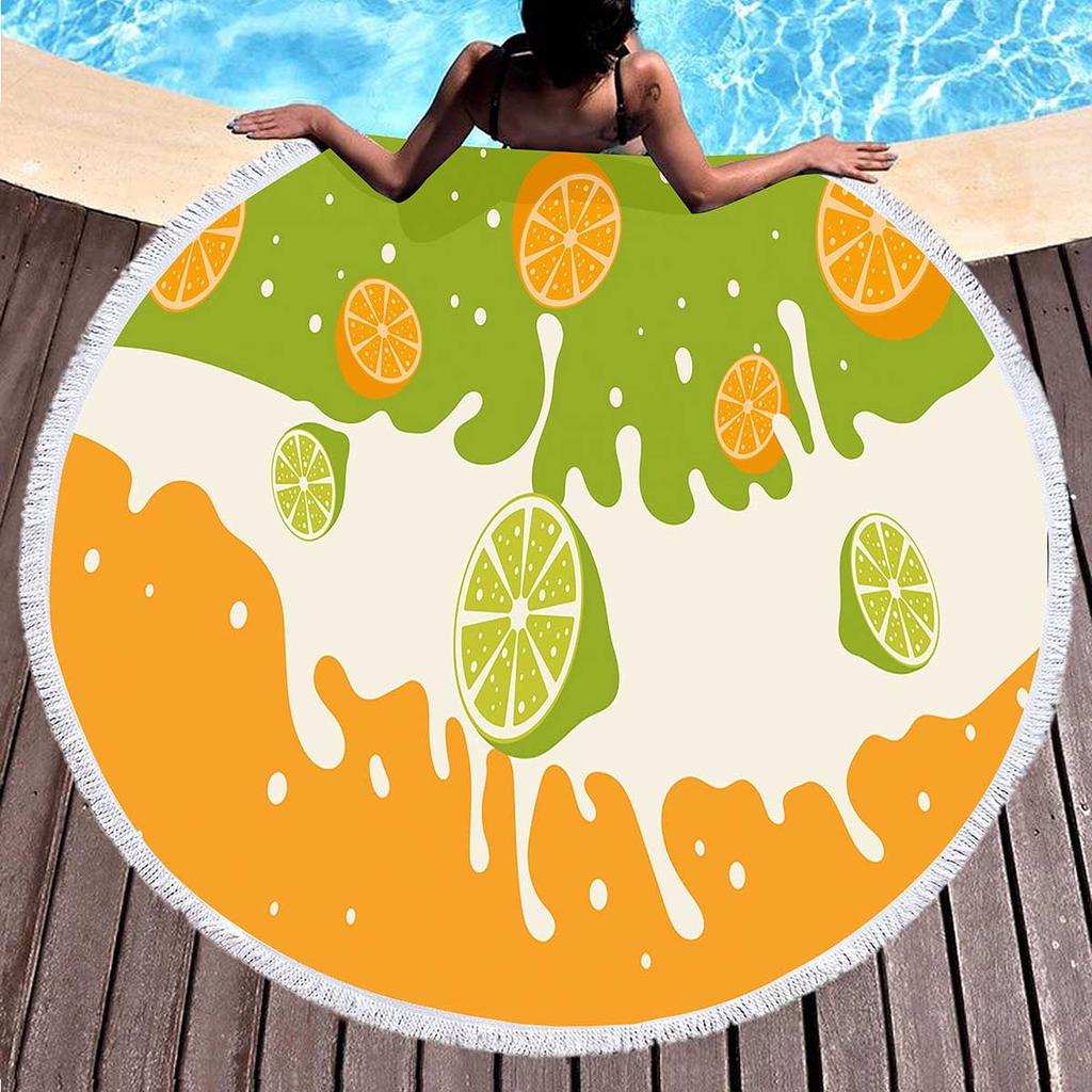 Fresh Fruit Lemon Round Beach Towel Microfiber Circle Towel Picnic Mat Absorbent Meditation Rug Yoga Mat Throw Fringe Tapestry
