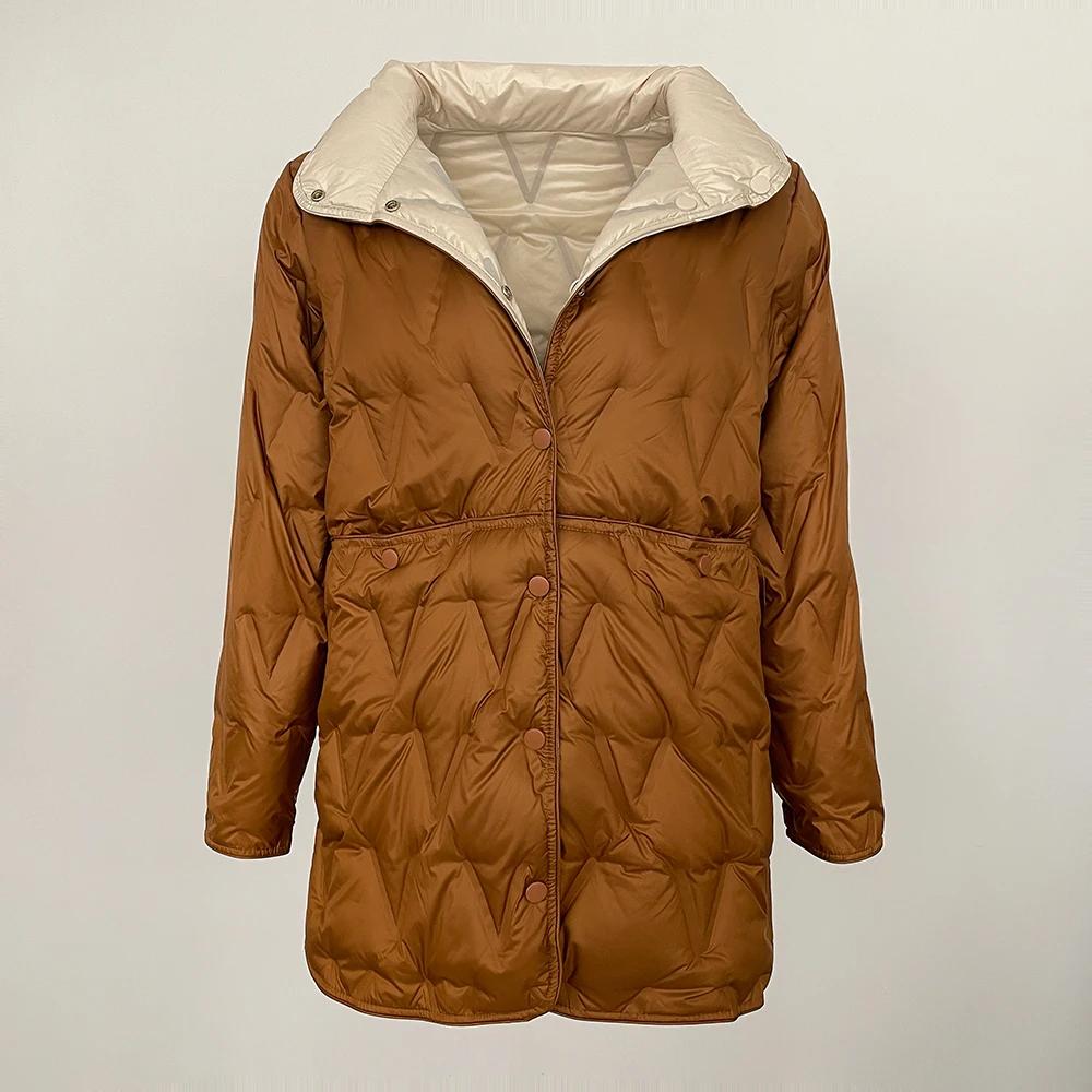 

OFTBUY Осінь-зима Легкі пухові пальта середньої довжини Жіноча куртка зі стоячим коміром, 90% біла куртка на качиному пуху, вільна повсякденність XXXL верблюд