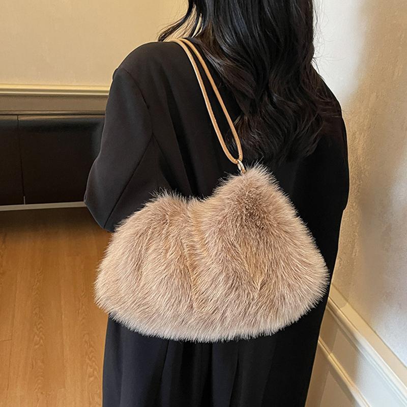 Women's Large Capacity Shoulder Bag Solid Color Plush Imitation Fur Handbag For Autumn And Winter Fashion