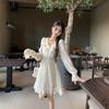 Gentle Wind V-neck Lace-up Long-sleeved Dress Women's Summer New French Temperament Thin Fungus Edge Little White Skirt