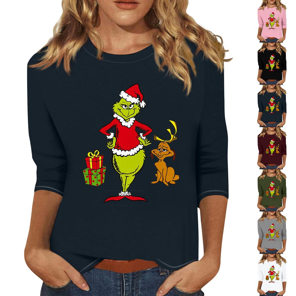 3/4 Sleeve Tops For Women T-Shirt Casual Christmas Print Tops T Shirt Round Neck Pullover Blouse