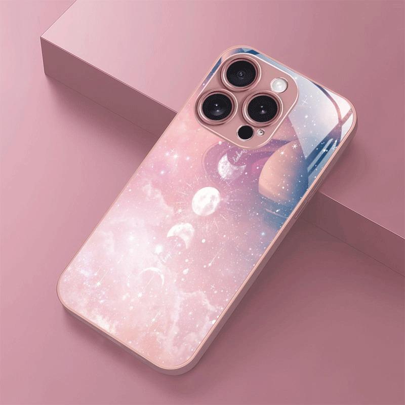 Full Moon Design Pattern Metallic Paint Glass Hard Phone Case For iPhone 11 12 13 14 15 16 17 Pro Max 15 Plus 17 Air 16E Cover