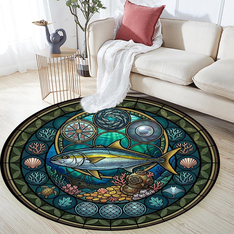 Marine Life Glass Round Area Rug Under Office Chairs Bedroom Living Room Home Decor