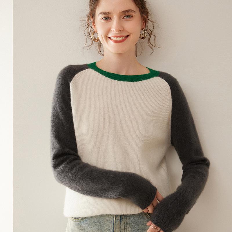 2025 Autumn/Winter Women's Color Block Cashmere Round Neck Loose Knit Sweater