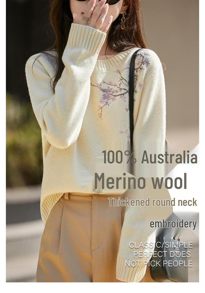 Women's Wool Embroidered Jacquard Sweater - Thick & Warm, Round Neck for Autumn/Winter