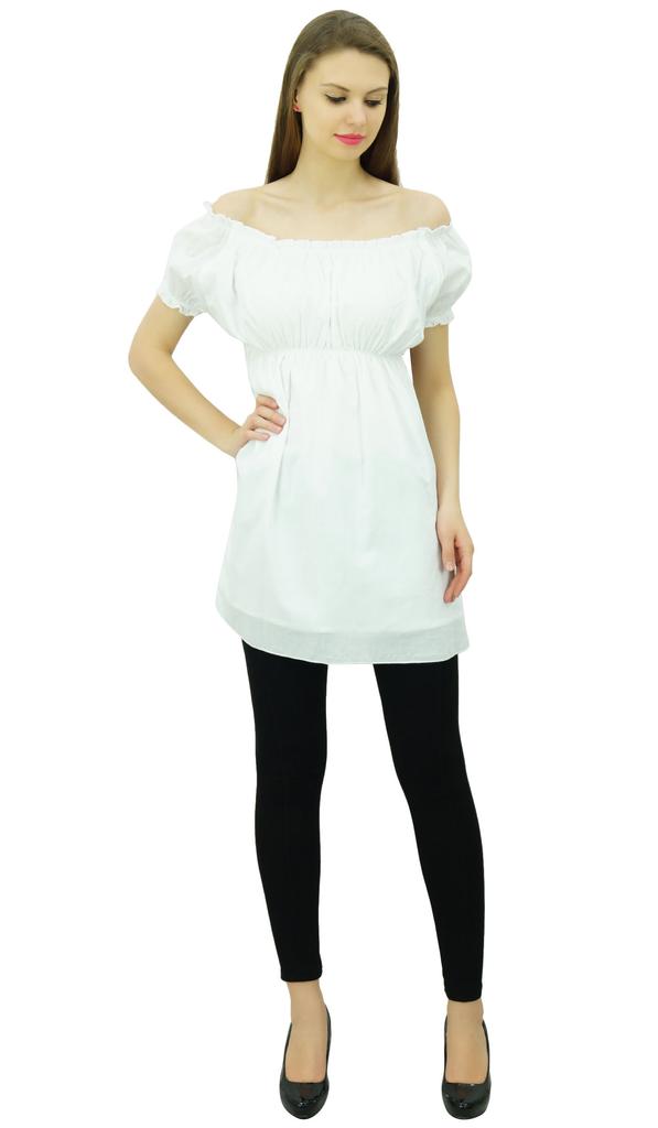Bimba Women's Off shoulder Puff Sleeve Tops Elastic Waist Blouse Cotton