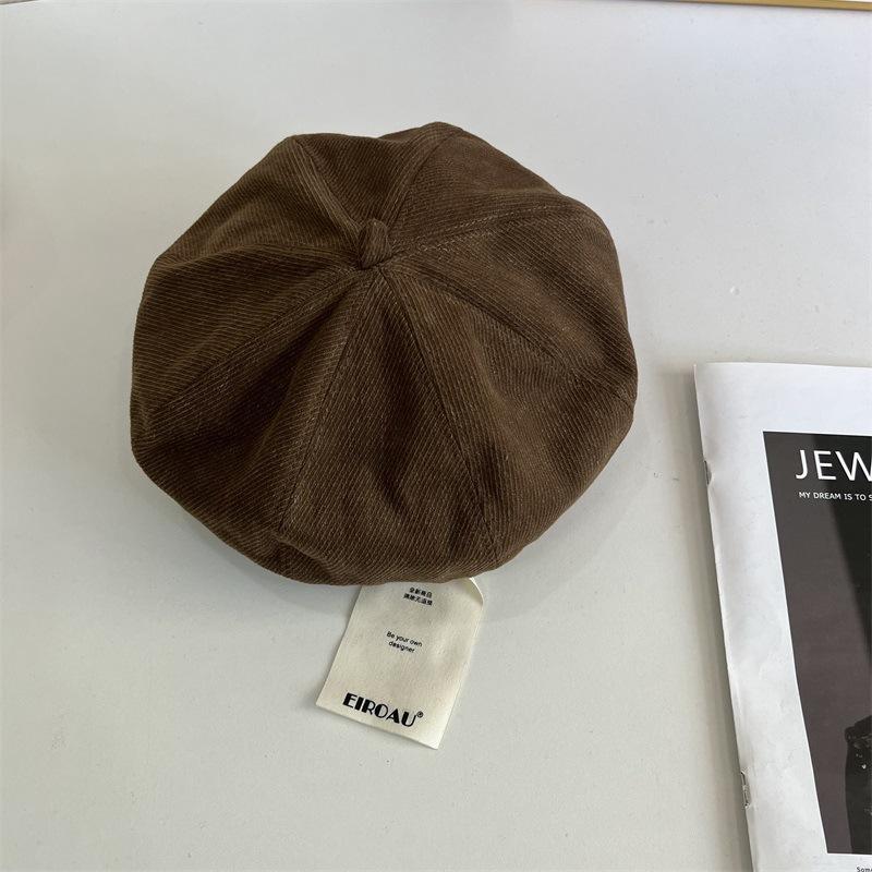 Autumn and winter corduroy black beret women's big head circumference bud hat showing face small painter hat pumpkin hat