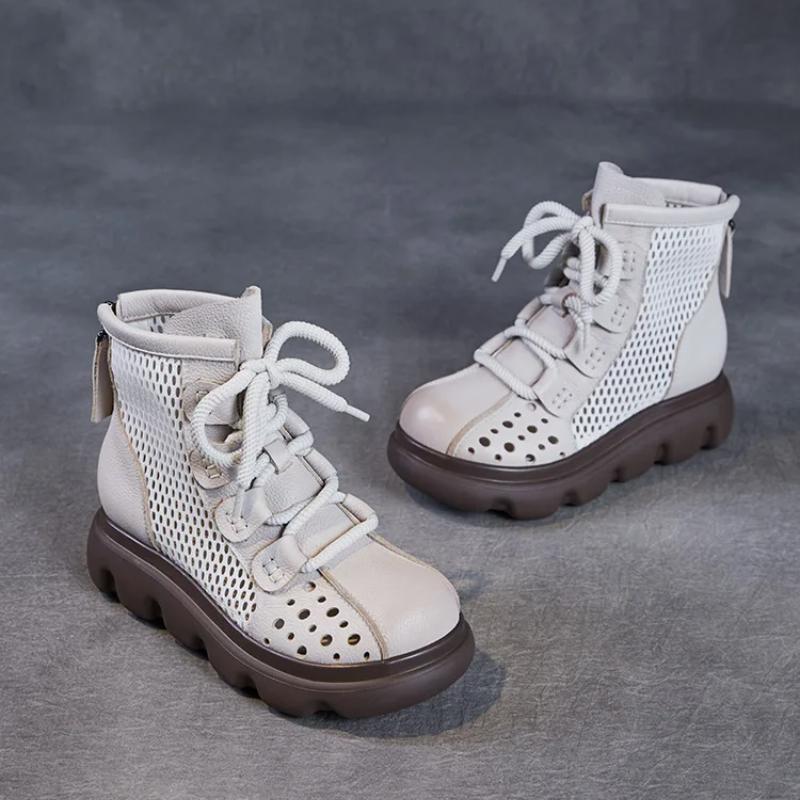 Johnature Genuine Leather Hollow-out Short Boots Mesh Breathable Thick Soled Women's Shoes