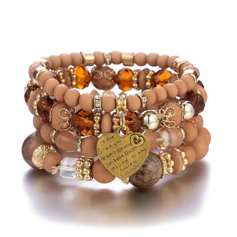 4Pcs Boho Crystal Beads Chain Bracelet Set For Women Vintage Heart Charm Elastic Bangle Men Fashion Party Jewelry