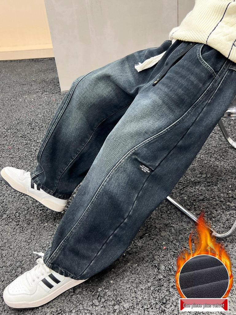 2025 Boys' Plush-Lined Denim Fleece Pants - Winter Wear for Teens and Kids