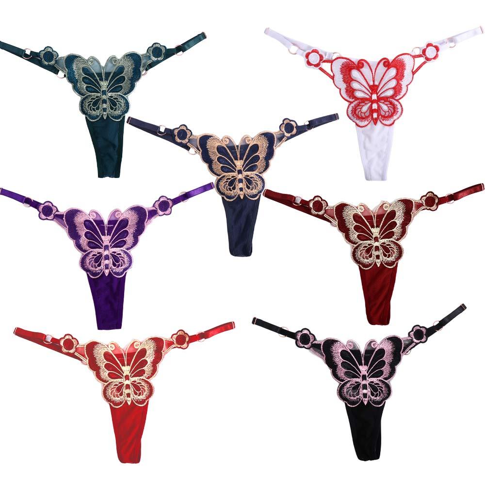 Solid Color Thong Butterfly Pattern Embroidery Underpant Sexy Underwear Women Panties Lingerie