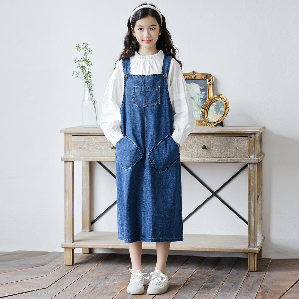 Jente denim vestkjole og langermet toppsett - Vår/høst 2025-kolleksjon for mellomstore og store barn