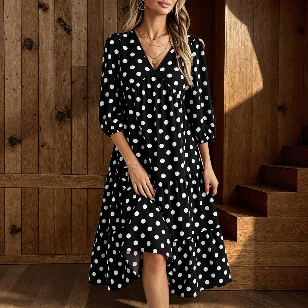 Polka Dot Printed V-Neck Dress Puff Sleeve High Waist Ruffle Tiered French Vintage Midi Dress