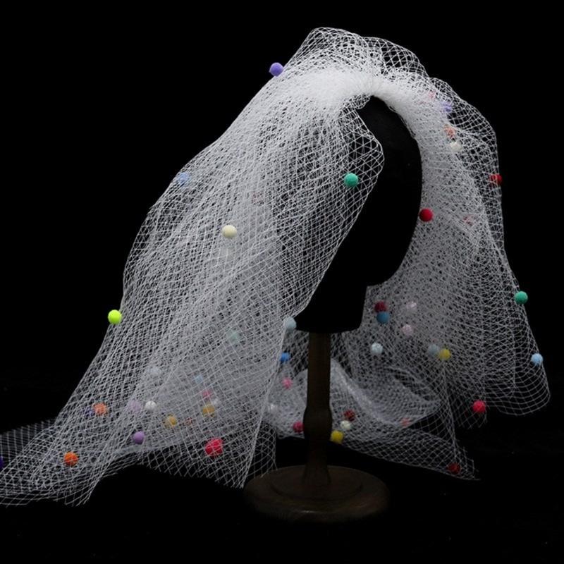 Graceful Bride Lace Veil Women Masquerade Tulle Bachelorette Party Veil with Color Pompoms for Girls Photography