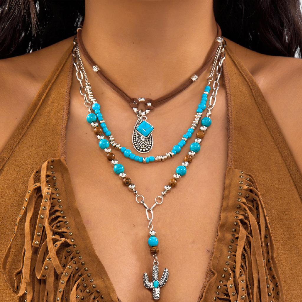 3Pcs/Set Vintage Hat Cowboy Boot Pendant Necklace for Women Bohemian Blue Stone Beads Chain Choker Daily Jewelry Y2K Accessories