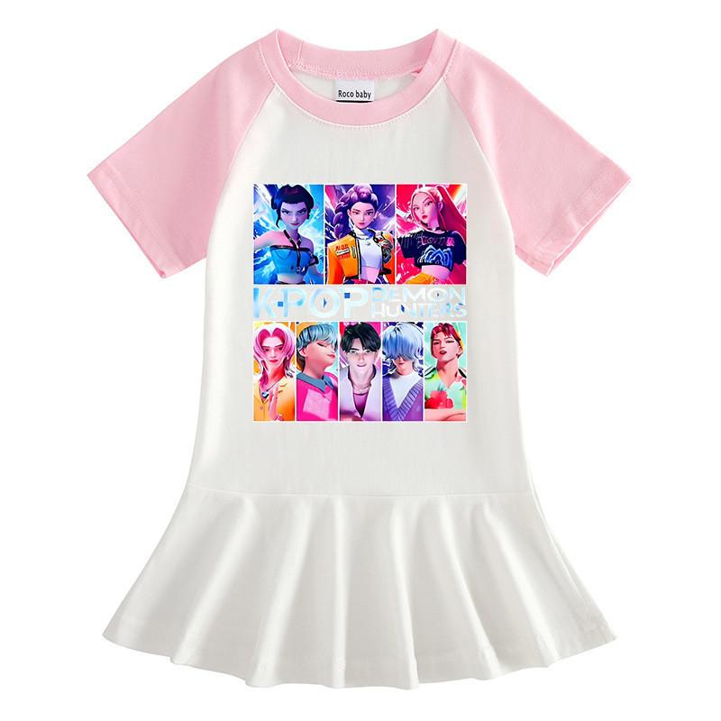 Girls Kpop Rumi Mira Zoey Hunters Print Raglan Sleeves Ruffle Dress
