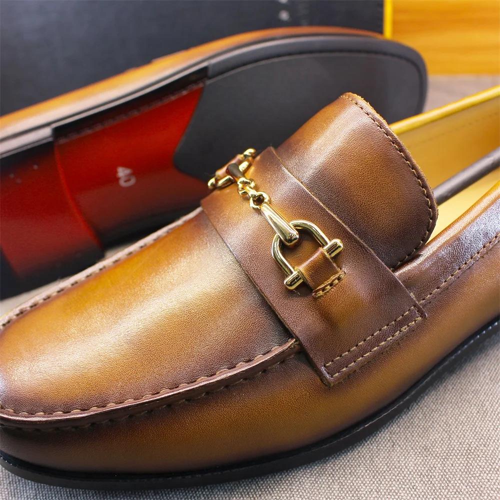 Men's Loafers Dress Shoes round Toe Formal Business Slip-On Handmade Cowhide Leather Upper Rubber Sole Comfortable Footwear