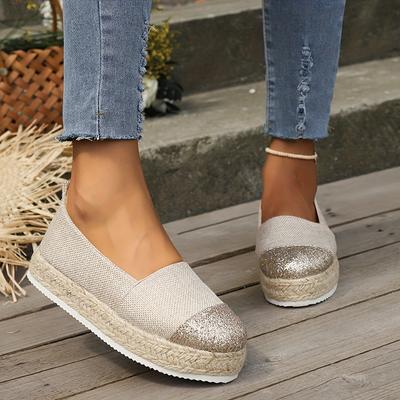 Women's Espadrilles Shoes, Sequin Slip On Walking Shoes, Thick Soled Platform Casual Sneakers For Music Festival