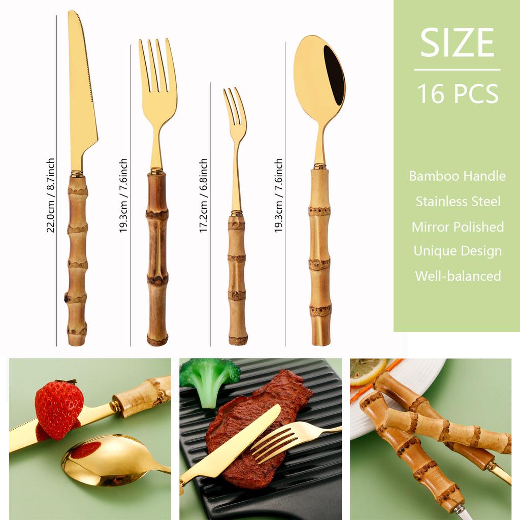 16 PCS Bamboo Handle Flatware Set, Stainless Steel Silverware Set for 4, Knives Forks Spoons and Tea Fork Set, Use For Home Kitchen Party and Travel