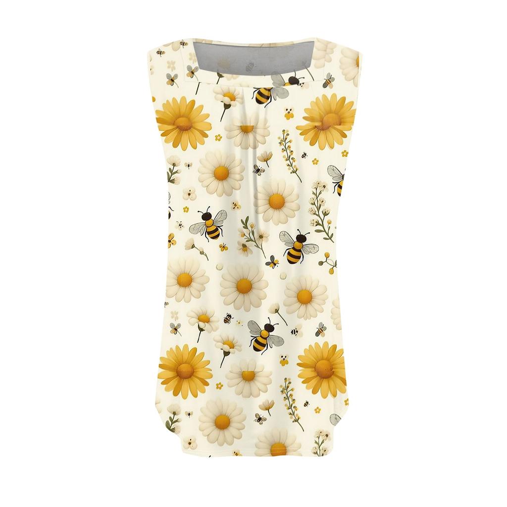 Women's Fashion Casual Pleated Square Collar Sleeveless Vest Print Summer T-shirt