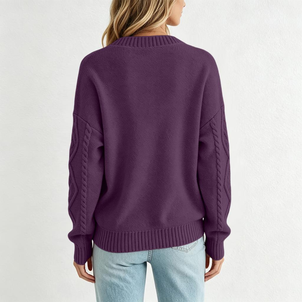 Women's Color Long Sleeve V-Neck Buttoned Cable Knit Cardigan Sweater