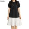 ZANZEA Women Casual Round Neck Loose Short Sleeve Splice Dress
