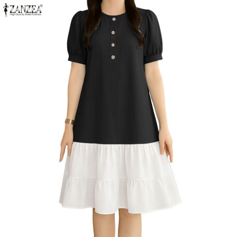ZANZEA Women Casual Round Neck Loose Short Sleeve Splice Dress