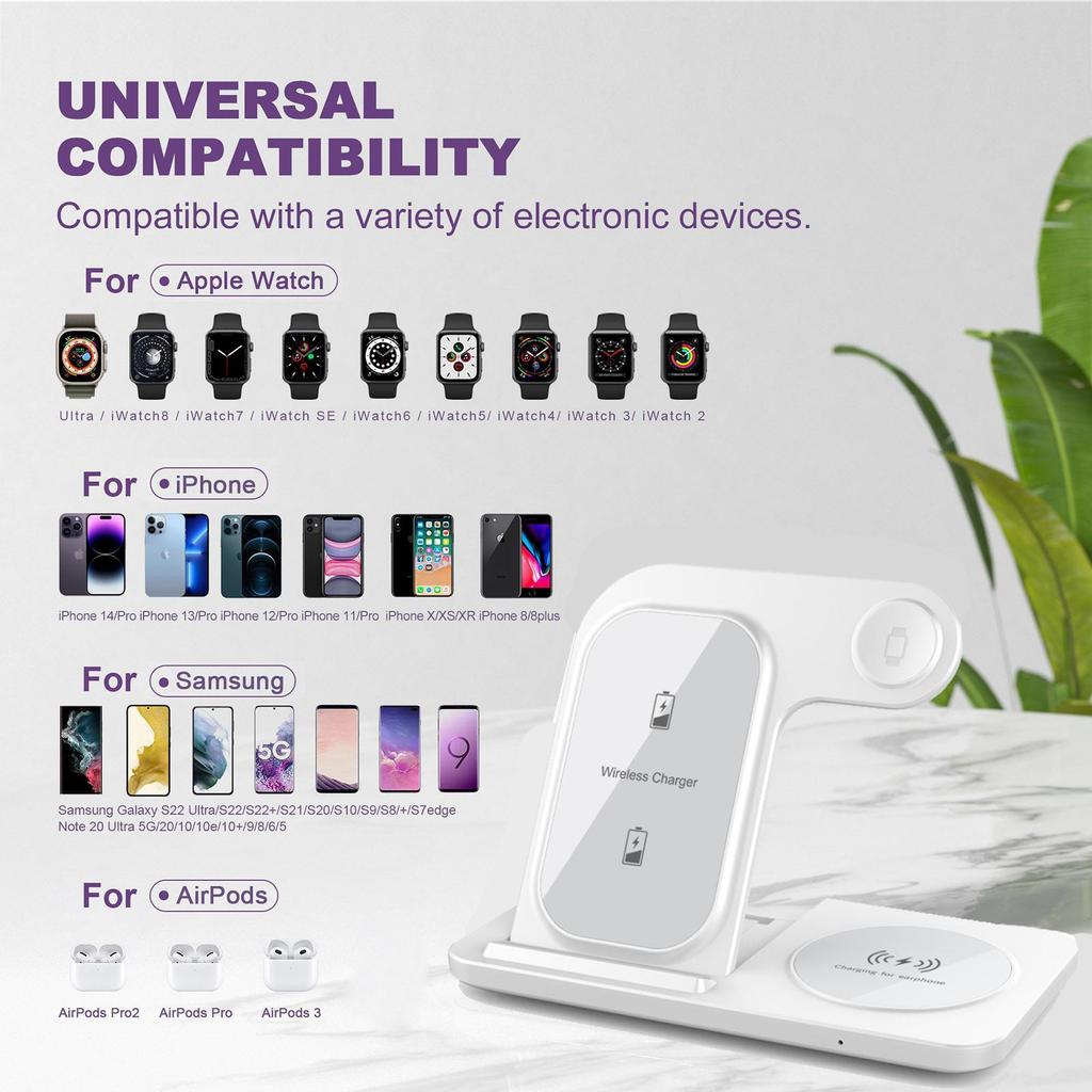 3 i 1 trådlöst laddarställ Snabbladdningsdockningsstation för Iphone 14 13 12 11 Pro Max Apple Watch 8 7 6 Iwatch Airpods Pro2