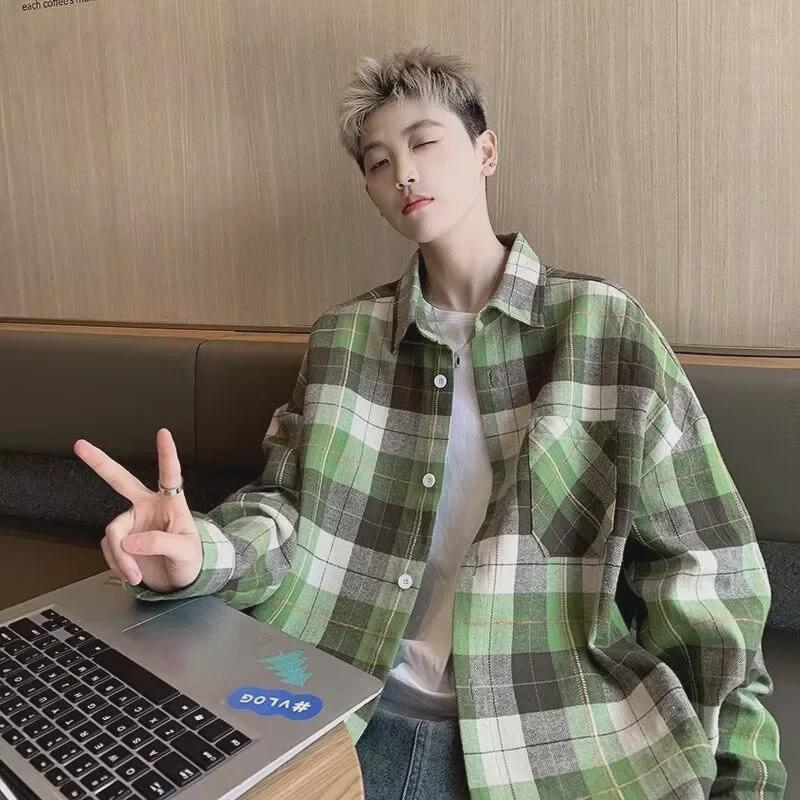 Unisex Retro Green Plaid Jacket - Spring & Autumn 2023, Loose Fit, Long-Sleeved, Non-Iron