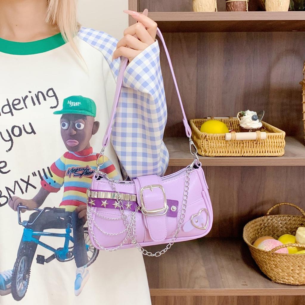 Y2K Sweet Cool Women's Underarm Bag Hot Girls Pink Shoulder Bags Messenger Bag Retro Design Female Chain Purse Armpit Handbags