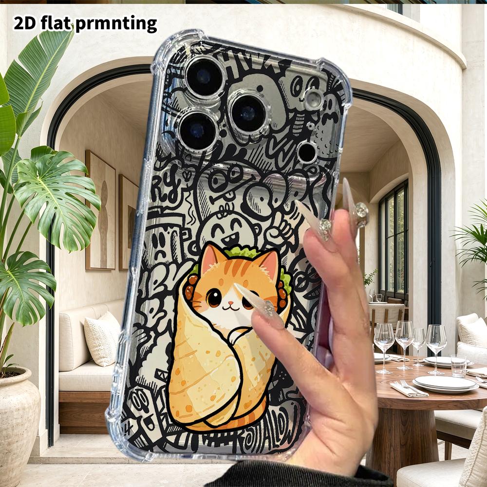 Phone Case: 2D Flat Suitable for iPhone 18 17 16 15 14 13 Pro, Transparent Four Corner Protective Case, Rolled Pancake Orange Cat, Christmas and Hallo