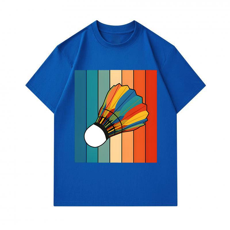 Men's 100% Cotton Crew Neck Short Sleeve T-Shirt, Retro Rainbow Striped Badminton Shuttlecock Graphic Casual Tee for Daily Wear