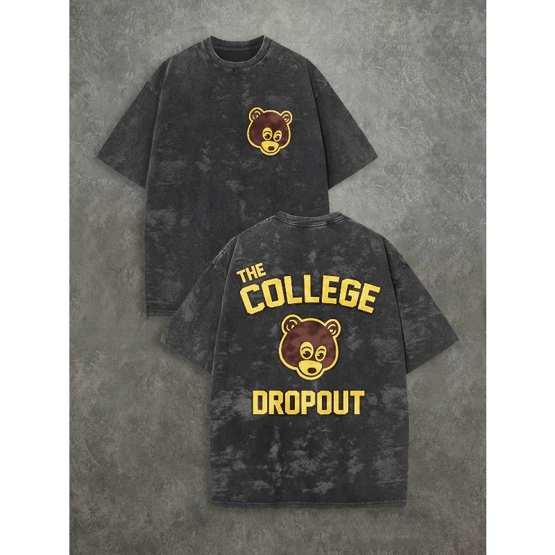 European Size Men's Vintage Bear Face & College Dropout Graphic T-Shirt - Distressed Washed Crew Neck Streetwear Tee, Oversized Retro Shirt