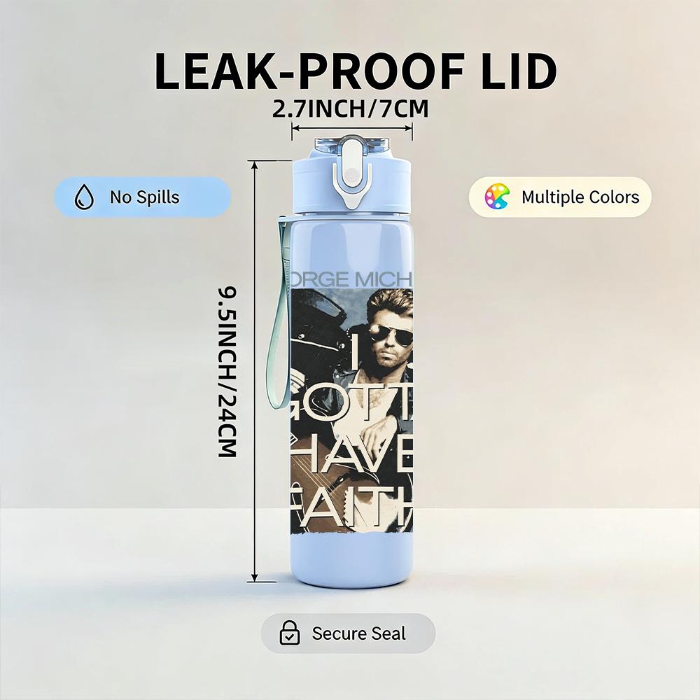 1PC Male Singer Band Vintage Portrait Print 750ml Colorful Plastic Sports Water Bottle Leakproof Pop Up Lid with Straw for Outdoor Work Home Use