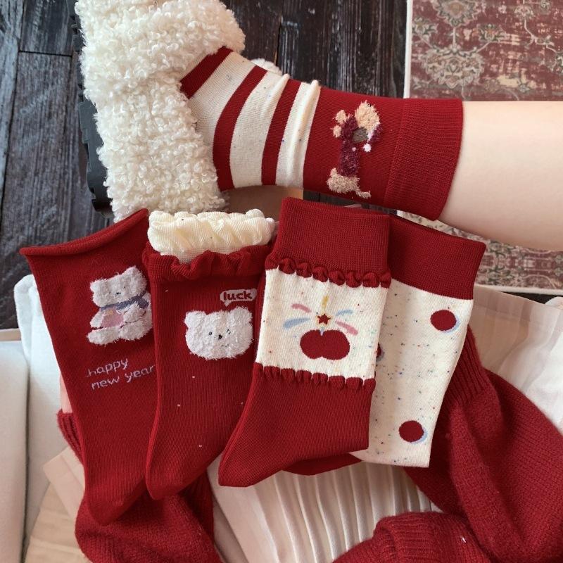 Puppy Cute Polka Dot Cartoon Korean Big Red Season Socks Girls Pile Socks Pure Cotton Mid-Leg Socks Super