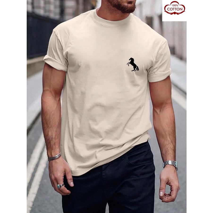 T-shirt Top Short Sleeved 100% Cotton "horse" Print, Summer All Season Men's Comfortable High-quality Casual Sports Luxury