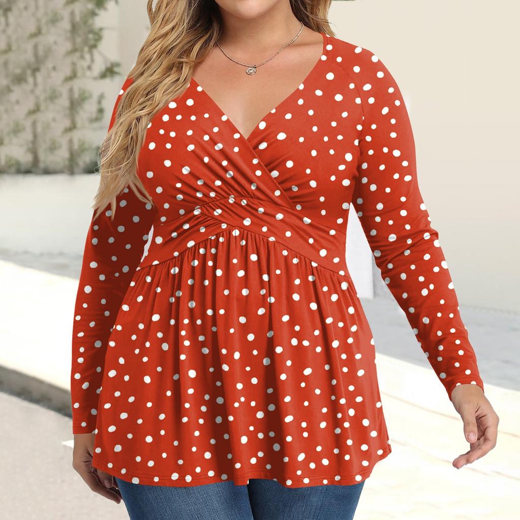 Women's Plus Size Shirt Long Sleeve  Print Top Pleated Casual V-Neck Top