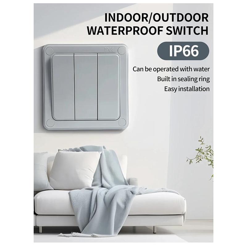 IP66 Waterproof Push Button Power Switch 2 Way Outdoor Wall Light Switch 1/3 Gang 16A Dust-Proof For Home Garden