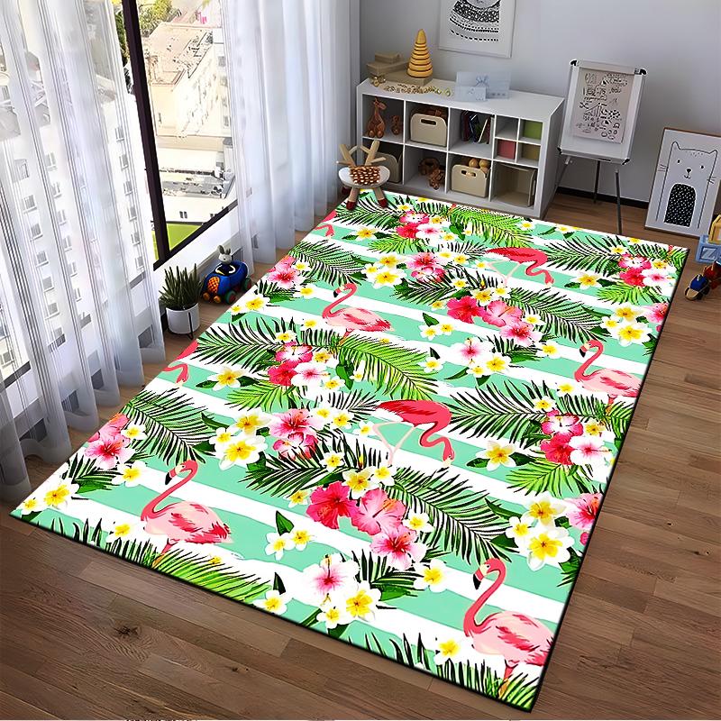 Tropical Flamingo and Floral Striped Carpet with Green Palm Leaves Suitable for use as an anti-slip for living room bedroom sofas