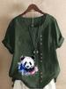 Women's Fashion Panda Print Round Neck Short Sleeve T-shirt Casual Cotton Linen Graphic Shirt Leisure Loose Summer Blouse Tops