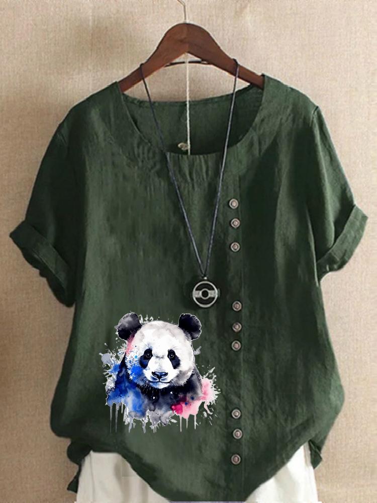 Women's Fashion Panda Print Round Neck Short Sleeve T-shirt Casual Cotton Linen Graphic Shirt Leisure Loose Summer Blouse Tops
