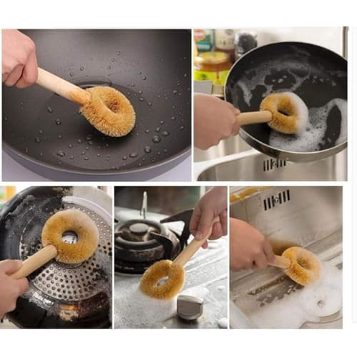 FTXJEHG Kitchen Scrubber, Palm Fiber Kitchen Brush with Handle, Dish Brush for Woks and Iron Frying Pans, Kamenoko Scrubber, Palm Fiber, Coconut Fiber