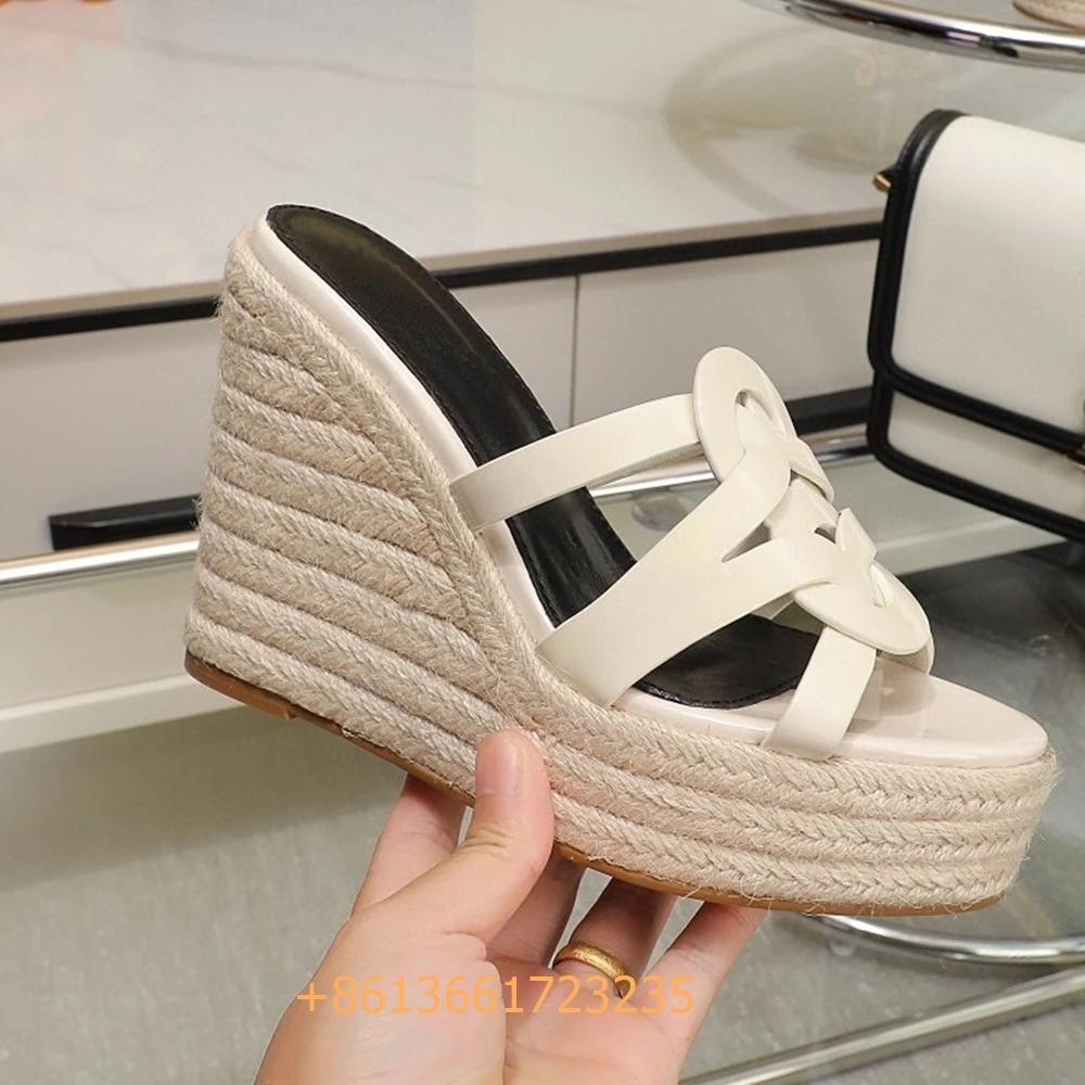 Fashion Corss Strap Patent Leather Platform Women Sandals Wedges Espadrilles Slip On Fashion Heels Open Toe 2025 Summer Newest Slides