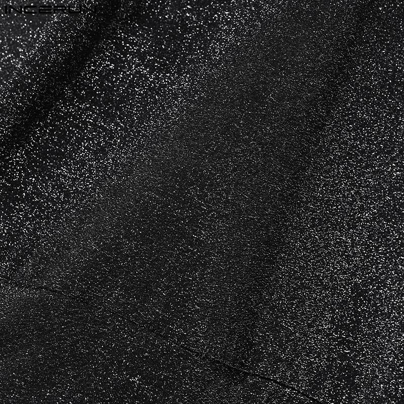 INCERUN Men V Neck Long Sleeve Glitter Front Cross See Through Tops T-shirts